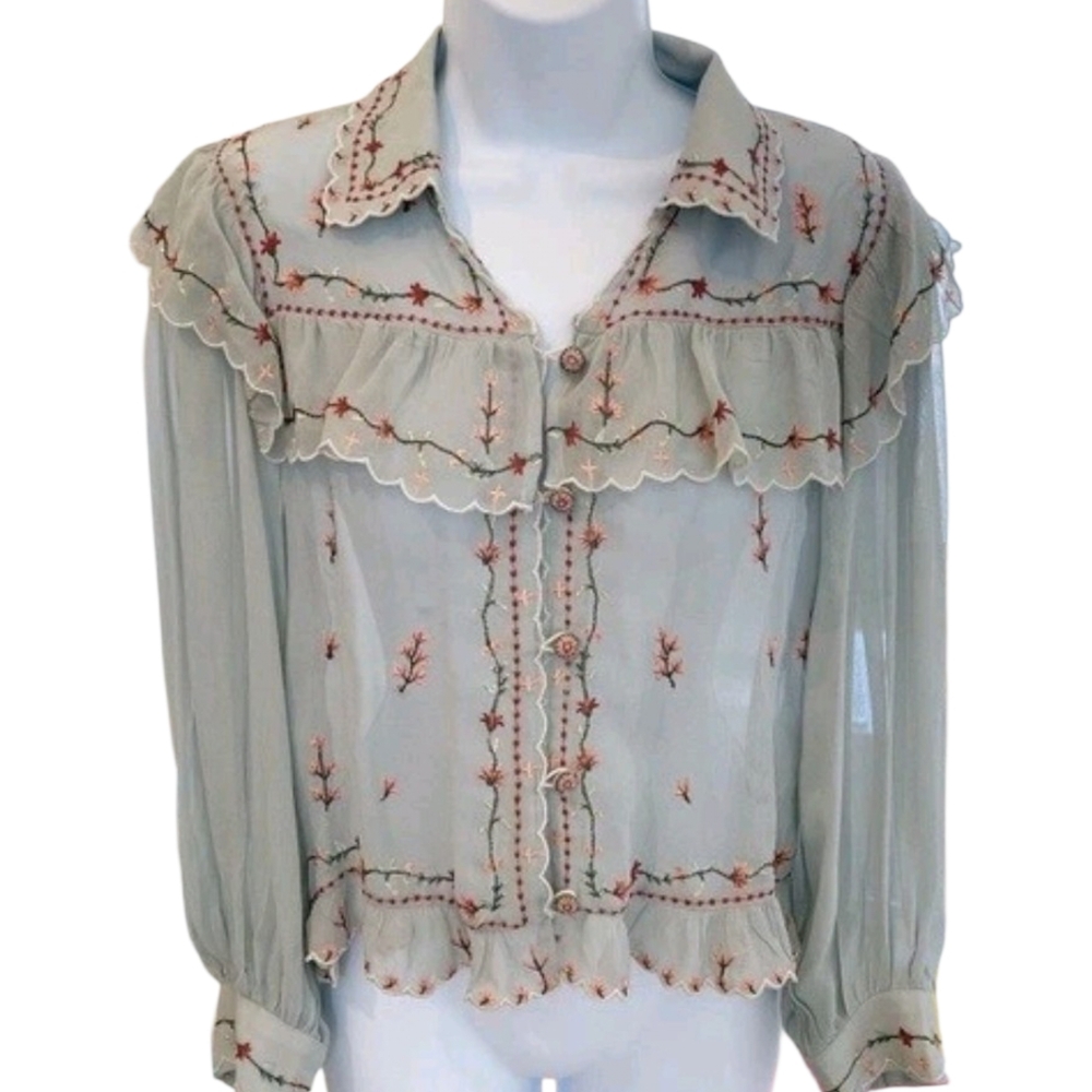 Vintage Zara Delicate Floral Small Embroidered Sheer Blouse